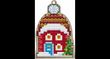 Kind Fox Borduurpakket op hout - Red Christmas House - Kerstboomhanger - 9 kleuren