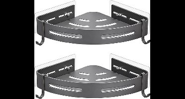 Badkamer Hoekplank Zonder Boren,Zelfklevende Douchemand met 4 Haken, Roestvrij Aluminium Opslag Plank, Muur Gemonteerde Douche Organisator voor Badkamer Accessoires, Grijs, 2 Stuks
