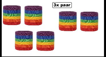 3x Paar zweetbandjes set regenboog - polsband sport zweetband thema feest optocht festival