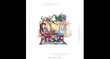 Lunch met moeder, wenskaart 13,5x13,5cm, illustratie aquarel en zwarte inkt MI262