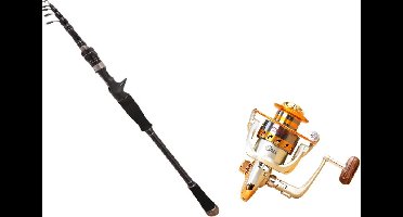 Telescopische luxe vishengel SET van Improducts - vis hengel is 180 cm (1.80M) lang en van Carbon super licht en zeer sterk incl. Werp Molenook geschikt voor ROOF KARPER EN ZEEVIS.