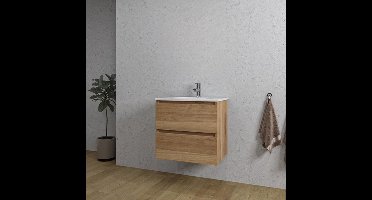 Saniclass Chaci Badkamermeubelset - 60x46x55cm - keramische wastafel wit - 1 ovale wasbak - 1 kraangat - 2 lades - eiken