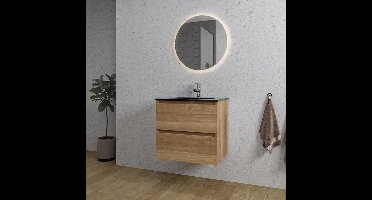 Saniclass Chaci Badkamermeubelset - 60x46x55cm - keramische wastafel zwart - 1 wasbak - 1 kraangat - 2 lades - ronde spiegel met verlichting - eiken