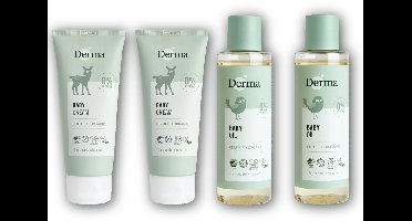 Derma Eco Baby Voordeelset - 2x Babyolie 150 ml + 2x Baby Crème 100 ml - Vitamine E - Aloë Vera - Parfumvrij, Kleurstofvrij - Hypoallergeen - Voor Gevoelige Babyhuid