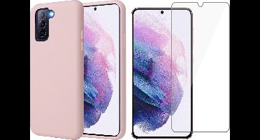 Hoesje geschikt voor Samsung Galaxy S21 FE - Matte Back Cover Microvezel Siliconen Case Hoes Roze - Tempered Glass Screenprotector