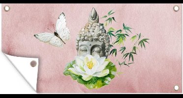 Tuinposter Boeddha - Vlinder - Roze - 60x30 cm - Tuindoek