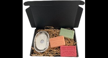 Soap bar set met zeephouder RVS wit - zeep savon de marseille Sinaasappelbloesem, Aloë vera, I love you 3x125 gr.