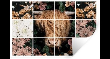Muurstickers - Sticker Folie - Collage - Schotse Hooglander - Bloemen - 30x20 cm - Plakfolie - Muurstickers Kinderkamer - Zelfklevend Behang - Zelfklevend behangpapier - Stickerfolie