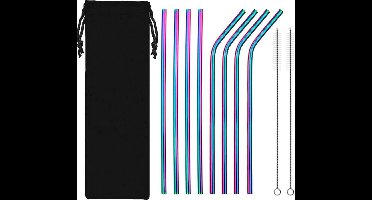 Metalen regenboog rietjes met opbergetui - 20cm x 5 mm