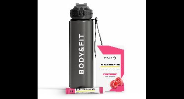 Body & Fit Electrolytes met Drinkfles - Elektrolyten Poeder met Waterfles - Elektrolyten Drink - Raspberry - 45 gram (10 sticks) en 1L Drinkfles met Rietje
