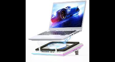 Laptopkoeler met RGB LED, grote turbo-ventilator 14 cm met aanpasbare snelheid, USB-hub met 3 poorten voor laptops van 38 tot 48 cm