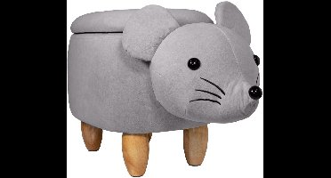 SVITA ANIMAL STORAGE Kinderkruk - Dierenkruk met opbergruimte Gevoerde kruk met houten poten Grijs dierenmotief Muis