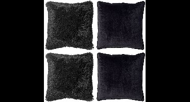 Dutch Decor - KUSSENSET - 4-delig Fluffy & Velvet - 45x45 cm - inclusief binnenkussens - zwart - Met Ritssluiting – Decoratie Kussens - Comfortabele kussentjes voor op de Bank