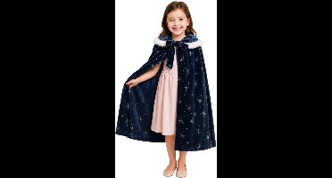 Joya Kids® | Luxe Winter Prinsessen Cape Kind | Donkerblauw fluweel met sterren | Verkleedcape meisjes met capuchon & wit bont | IJskoningin cape | 72 cm | Winter kostuum | Luxueuze Uitvoering
