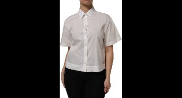 Cotton Short Sleeves Collared Top with Button Closure Wo - White