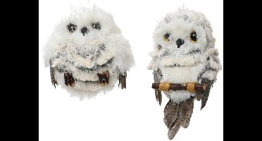 Decoris - Kerstdecoratie Uilen Grijs - Set van 2 - Kunstbont - H 8cm