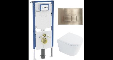 QeramiQ Dely Toiletset - 36.3x51.7cm - diepspoel - rimless - Geberit UP720 inbouwreservoir - softclose toilet zitting 35 mm - geborsteld messing bedieningsplaat - rechthoekige knoppen - wit glans