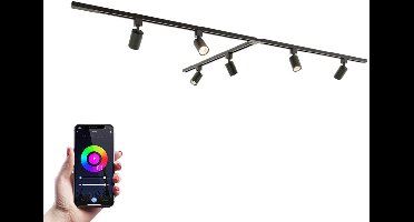 HOFTRONIC railverlichting pakket T-vorm – 3x 1 meter rail – 6x RGBWW GU10 spots – dimbaar – aluminium zwart – IP20 – modulair – 230V – led railsysteem woonkamer keuken