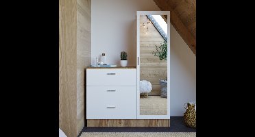 Vente-unique Kast met 3 lades en element met spiegel - Wit en houtlook - VITORIO