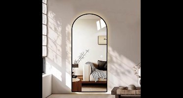 Passpiegel met LED Verlichting en Verwarming 100x180cm - Afimona Tuba - Zwart - Wandspiegel voor Woonkamer en Badkamer - Rondboog Vorm - Touch Bediening - Dimbaar - Aanpasbare Lichtkleur