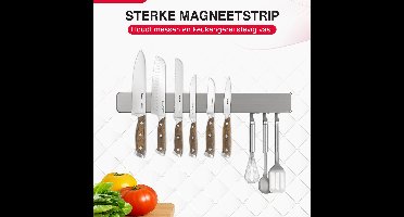 Metaltex Heritage – Messenset met Magnetische Messenstrip – 6-delig – Roestvrij Staal – Houten Handgreep – Chefmes – Santokumes – Broodmes – Schilmes