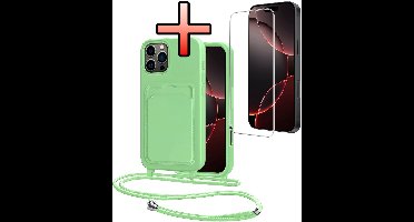 Hoes Geschikt voor iPhone 16 Pro Max Hoesje Pasjeshouder Cover Met Koord Case Siliconen Hoes Met Telefoonkoord en Kaarthouder Met Screenprotector - Groen