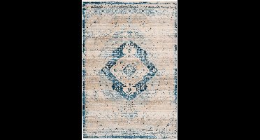 Vintage Vloerkleed | Tapijt | Baroque | Medaillon | Crème/Blauw | 80x150 cm