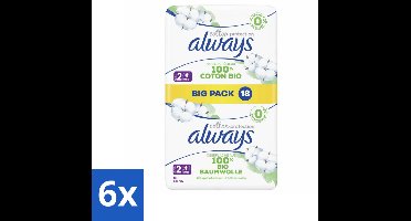 6 x Always - Maandverband - Long - Cotton Protection - Met Vleugels - Maat 2 - 18 Maandverband - Maandverband - Biologisch Katoen - Always Cotton Protection - Maandverband Met Vleugels - Maandverband Maat 2