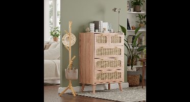 Ladekast Rattan - 60x34x91cm - Commode met 5 Lades - Ladekast voor Slaapkamer - Bohemian - Houtlook