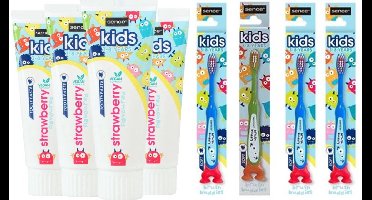 Sence Tandpasta Kids Aardbei - 4 x 75 ml & 4 Sence Kindertandenborstels Brush Bunnies - Voordeelpakket