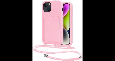 Hoes Geschikt voor iPhone 13 Hoesje Pasjeshouder Cover Met Koord Case Siliconen Hoes Met Telefoonkoord en Kaarthouder - Lichtroze