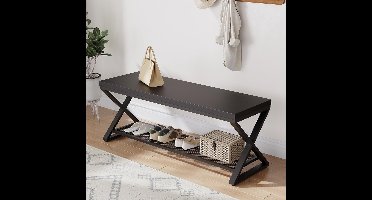 Azomor® Industriële zwarte houten en metalen bank met opbergruimte voor schoenen