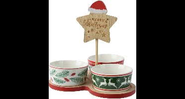 Decoris - Kerst - Tapasschaaltjes - Set van 3 Schaaltjes in houder - Porselein en FSC - H 20cm
