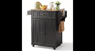 Keukenwagen – Keukentrolley – Serveerwagen – Opbergkast – Keukenkast – Mobiel met 360° Zwenkwielen – Vergrendelbare Opbergruimte – Houten Werkblad