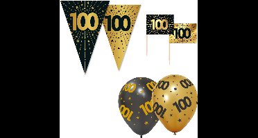 Feestpakket 100 jaar Zwart / Goud – Vlaggenlijn 10 meter + 6 Ballonnen + 50 Prikkers – Golden Celebrations - Versiering Slinger Feestdecoratie Decoratie Verjaardag Jubileum Ballon Feest