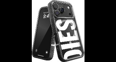 Diesel Telefoonhoesje iPhone 17 Pro – Half transparant Zwart met groot wit logo – Valbescherming tot 2 Meter – Magsafe (draadloos) Opladen – Magsafe accessoire compatibel – Shockproof – Backcover – Origineel Diesel Accessoire