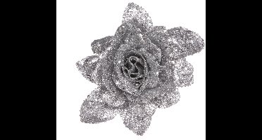 Kerstboomversiering Bloemen - 10 cm - zilver glitter - op clip - ornament - roos