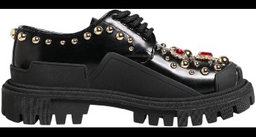 Leather Jeweled Crystals Derby Shoes Wo - Black Pumps