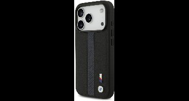 BMW iPhone 17 Pro Back cover case - PU Leather Case With Perforated Blue Stripes & Metal Logos - Black