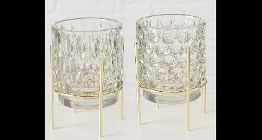Sfeerlichten  helder glas op  goudkleurige voet set van 2