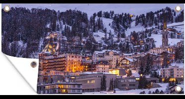 Wanddecoratie buiten Bergdorp in Zwitserland tijdens de winter - 160x80 cm - Tuindoek - Buitenposter