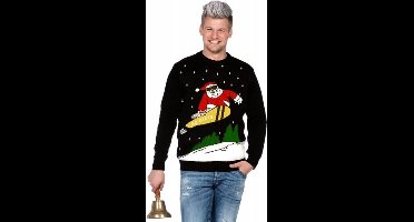 Kersttrui zwart snowboard Santa - Maat L
