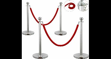 Mexxo® Afzetkoord - Afzet Palen - Rode Loper - Standaard met Fluwelen Touw - Stabiel - Eenvoudig - Zilver/Rood