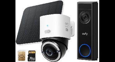 eufy 4G LTE S330 Camera - met WiFi Nachtzicht - 4K Pan&Tilt - Volkomen draadloos met zonnepaneel - AI Tracking en 4G verbinding met simkaart +C30 Draadloze Video Deurbelset 2K FHD - Accu- kan ook zonder Homebase