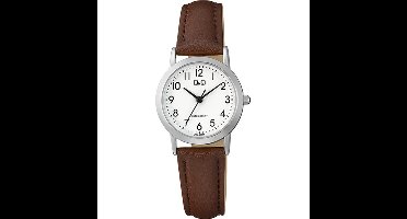 Q&Q C40A-008PY - Horloge - Polshorloge - Analoog - Dames - Vrouwen - Leren band - Rond - Metaal - Cijfers - DonkerBruin - Zilverkleurig - Wit