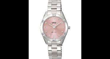 Q&Q Q83B-002PY - Horloge - Polshorloge - Analoog - Dames - Vrouwen - stalen band - Metaal - Overig - Cijfers - Stippen - Briljanten - Zilverkleurig - Roze
