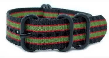 Premium Black Green Red - Zulu Nato strap 22mm - Horlogeband Zwart Groen Rood