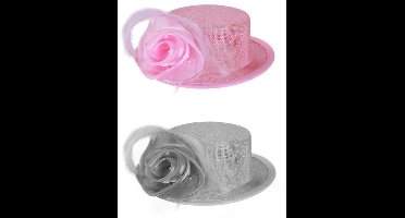 Midihoedje met haarklem + deco 2 assorti kleuren (grijs en pink)