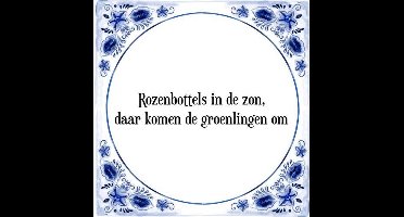 Tegeltje met Spreuk (Tegeltjeswijsheid): Rozenbottels in de zon, daar komen de groenlingen om + Kado verpakking & Plakhanger