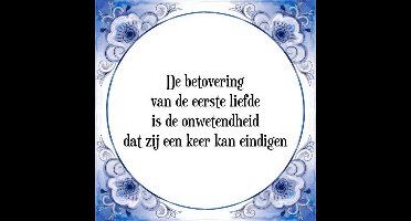 Tegeltje met Spreuk (Tegeltjeswijsheid): De betovering van de eerste liefde is de onwetendheid dat zij een keer kan eindigen + Kado verpakking & Plakhanger